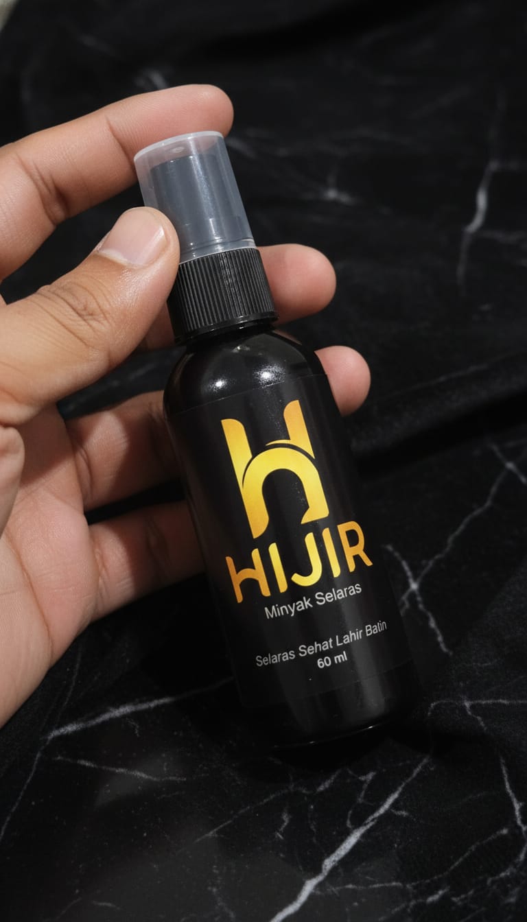 Tangan memegang botol HIJIR Minyak Selaras